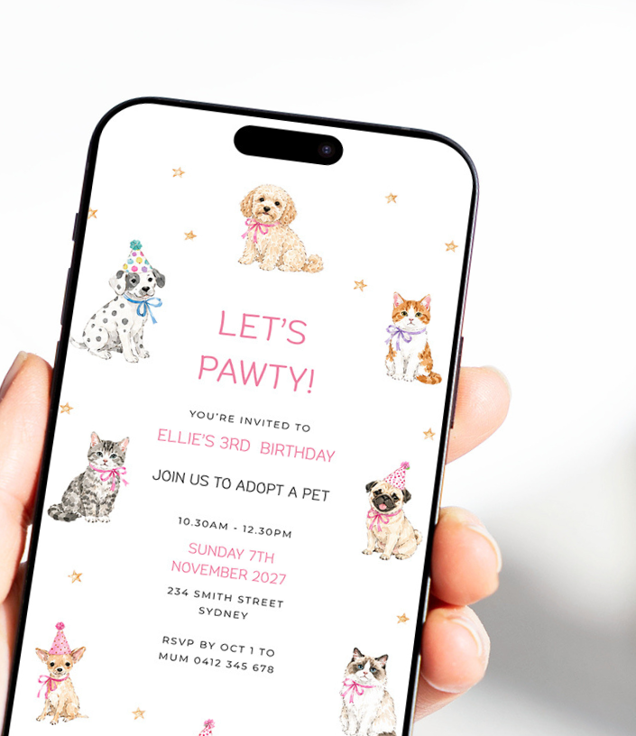 Adopt A Pet | Kids Birthday Party | Digital Invitation