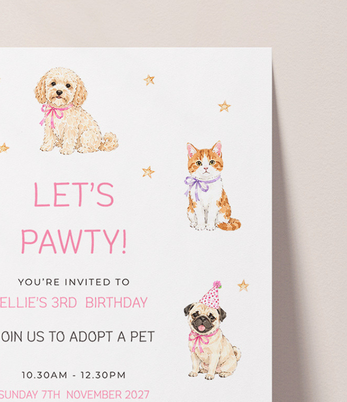 Adopt A Pet | Kids Birthday Party | Invitation 5x7