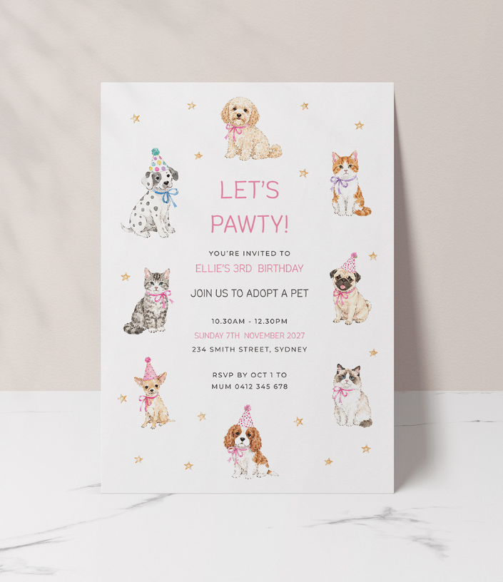 Adopt A Pet | Kids Birthday Party | Invitation 5x7